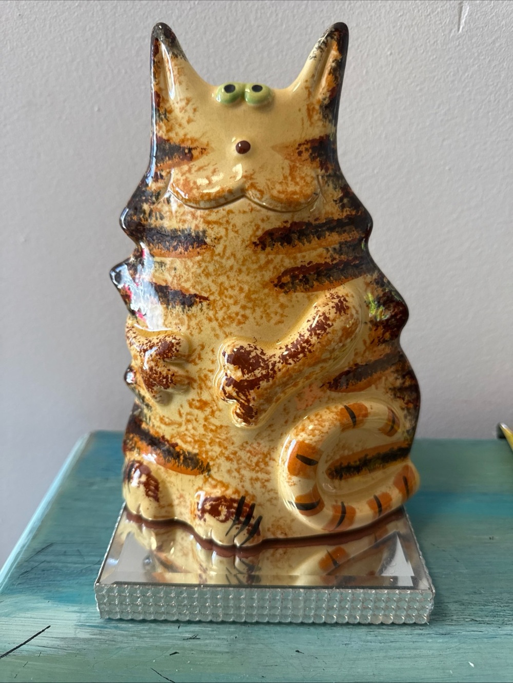 Yellow & Brown Striped Ceramic Cat Figurine Portugal